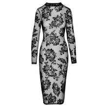 Load image into Gallery viewer, Noir Tight Fitting Floral Transparent Dress
