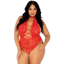 Load image into Gallery viewer, Leg Avenue Floral Lace Crotchless Teddy Red UK 14 to 18
