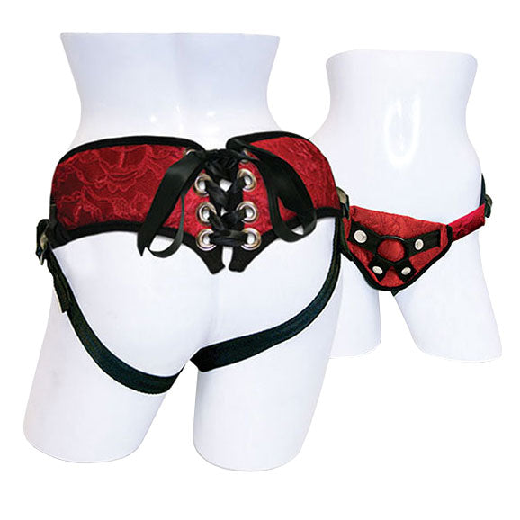 adult sex toy SportSheets Red Lace With Satin Corsette Strap OnSex Toys > Realistic Dildos and Vibes > Strap on DildoRaspberry Rebel