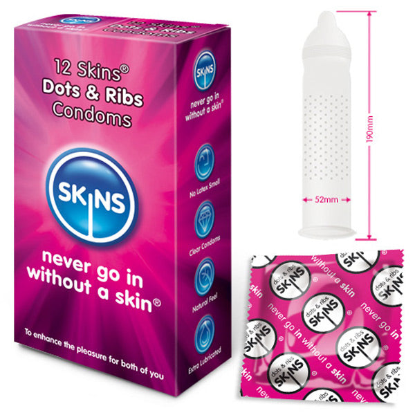 adult sex toy Skins Condoms Dots And Ribs 12 PackCondoms > Stimulating, Ribbed, WarmingRaspberry Rebel